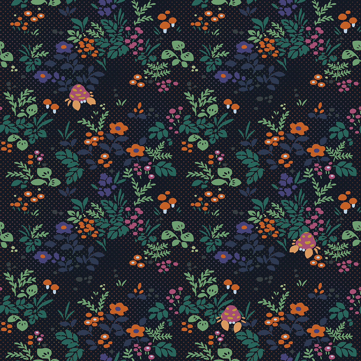 parasect tiling navy background with plants and mushrooms